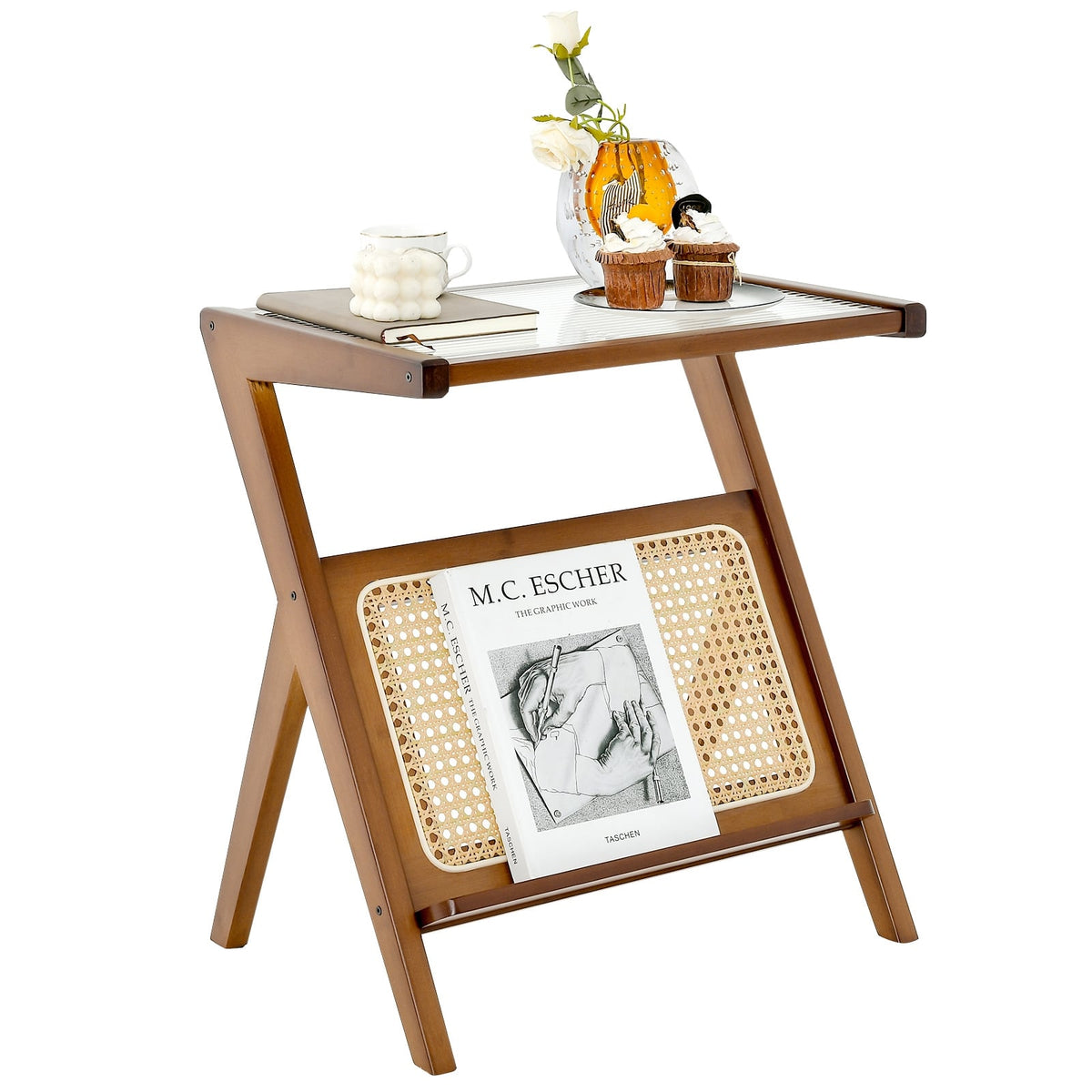 Boho End Table with Magazine Rack and Tempered Glass Top-Walnut-End & Side Tables-DECOROLALA