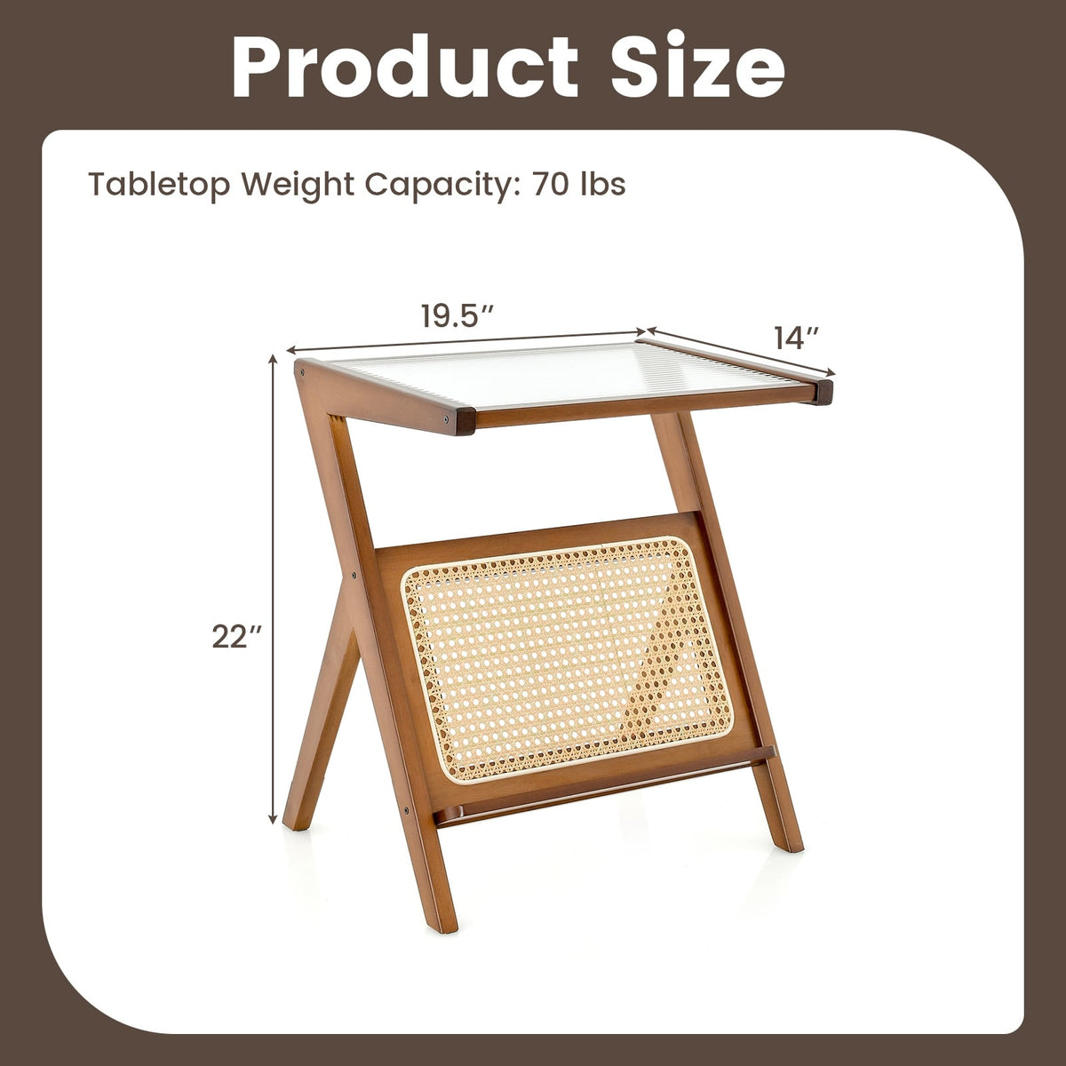 Boho End Table with Magazine Rack and Tempered Glass Top-Walnut-End & Side Tables-DECOROLALA