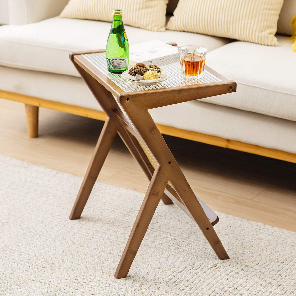 Boho End Table with Magazine Rack and Tempered Glass Top-Walnut-End & Side Tables-DECOROLALA