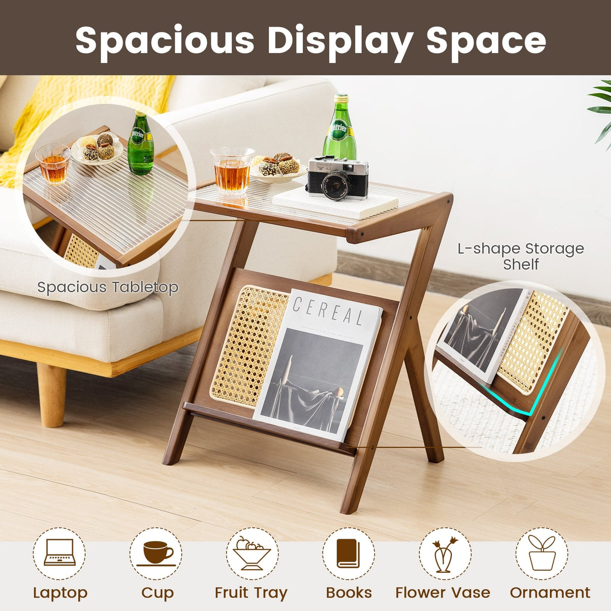 Boho End Table with Magazine Rack and Tempered Glass Top-Walnut-End & Side Tables-DECOROLALA