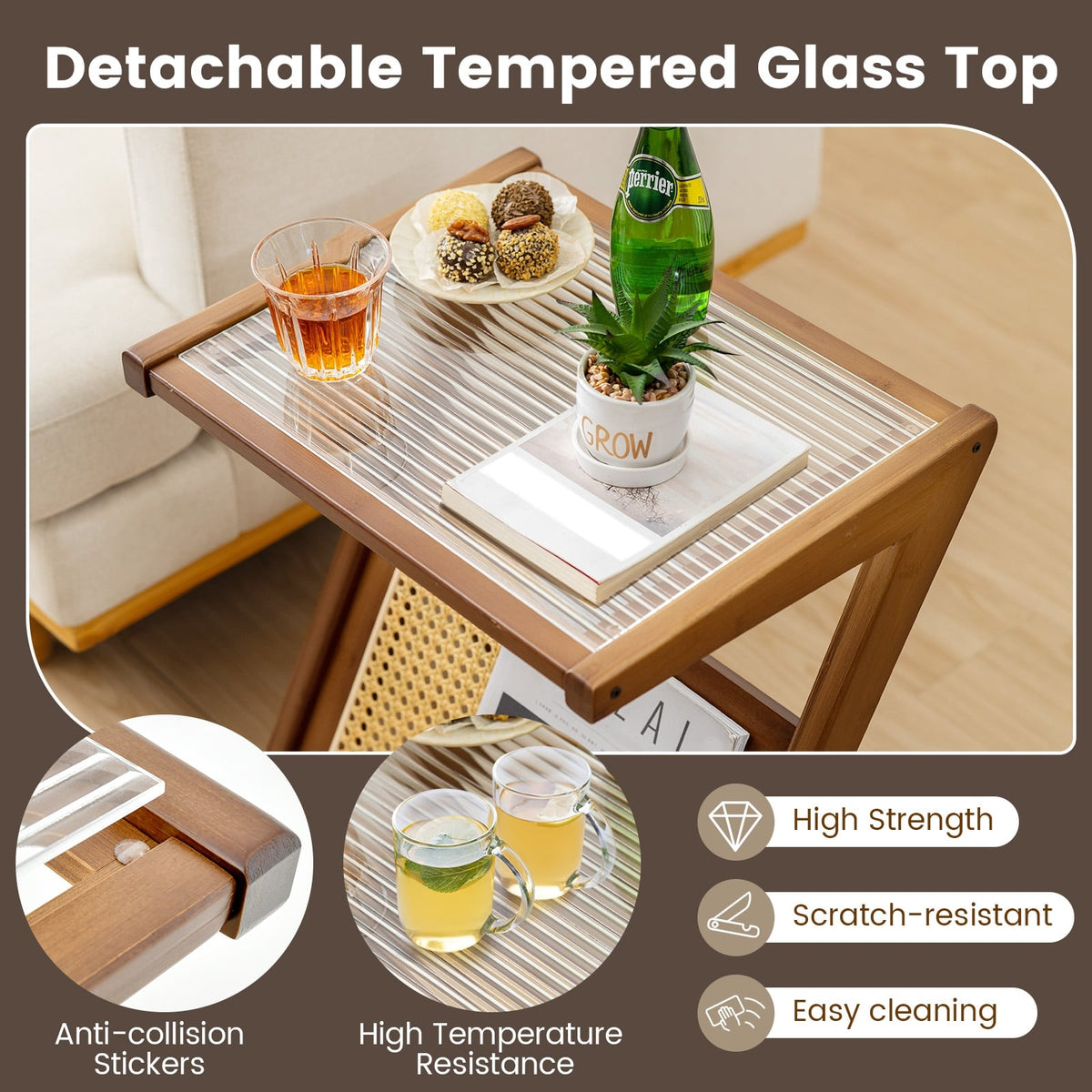 Boho End Table with Magazine Rack and Tempered Glass Top-Walnut-End & Side Tables-DECOROLALA