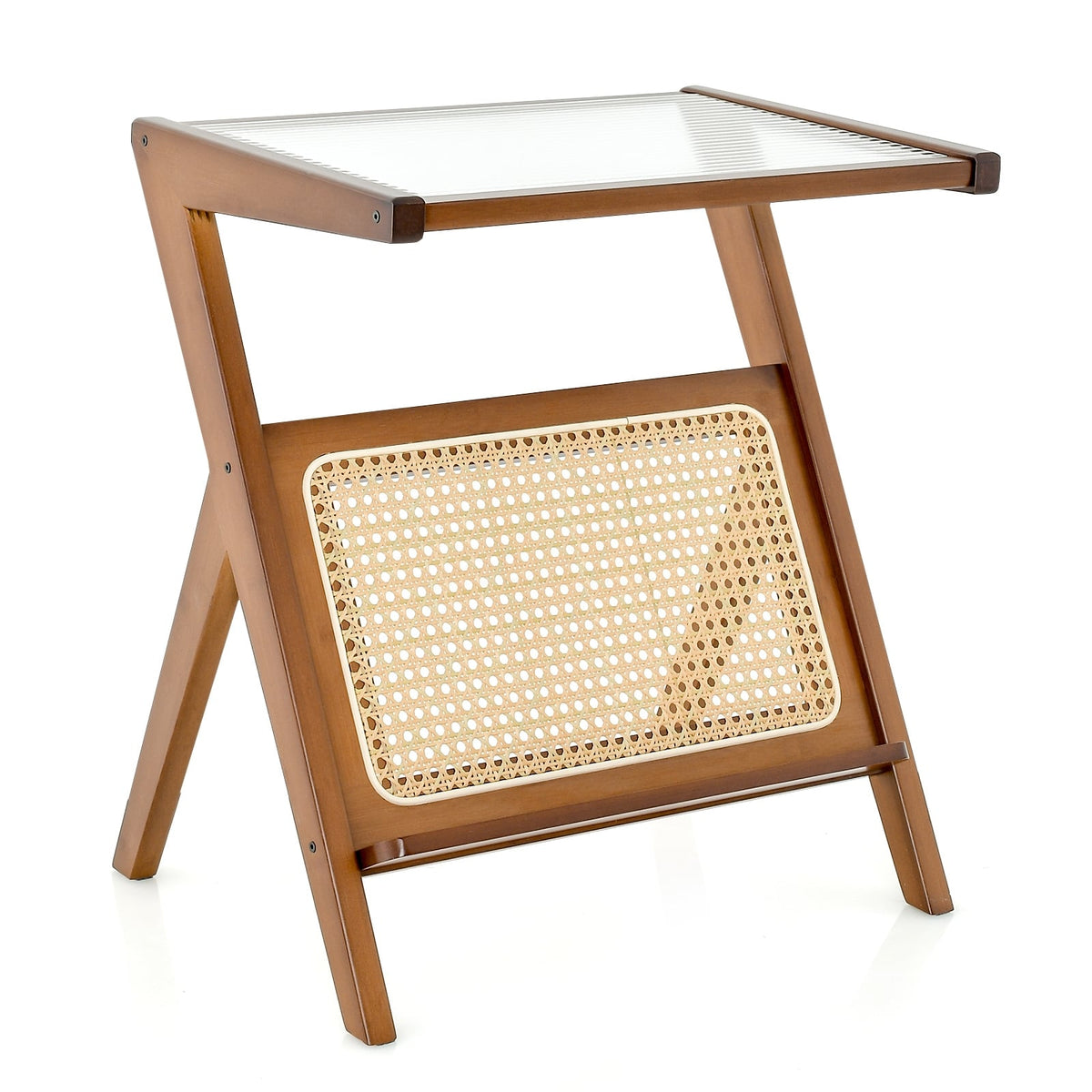 Boho End Table with Magazine Rack and Tempered Glass Top-Walnut-End & Side Tables-DECOROLALA