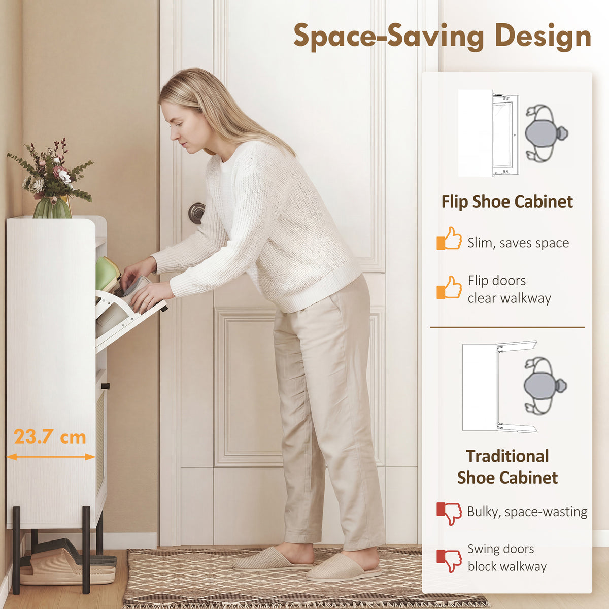 Boho Narrow Shoe Cabinet - 2 Flip Drawers, White Rattan-Home Furnishings > Storage & Organization > Shoe Storage Cabinets & Racks-DECOROLALA