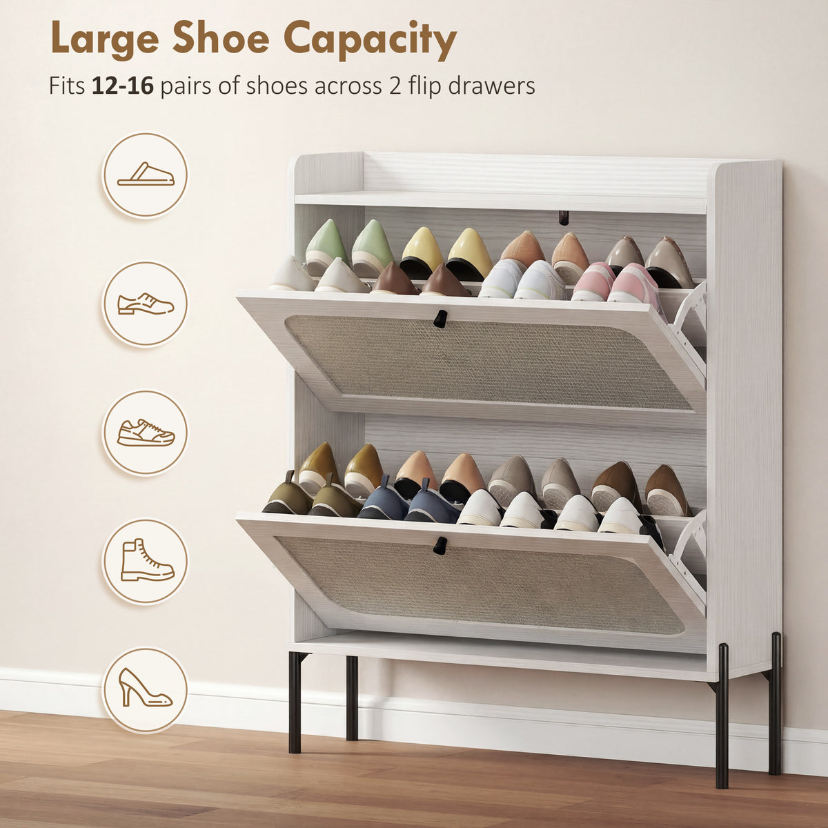 Boho Narrow Shoe Cabinet - 2 Flip Drawers, White Rattan-Home Furnishings > Storage & Organization > Shoe Storage Cabinets & Racks-DECOROLALA