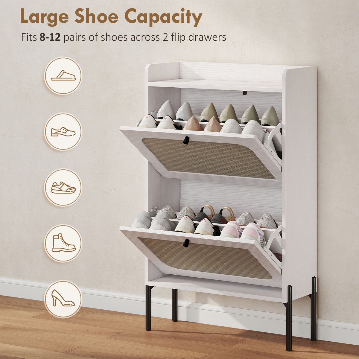 Boho Narrow Shoe Cabinet - 2 Flip Drawers White Rattan-Home Furnishings > Storage & Organization > Shoe Storage Cabinets & Racks-DECOROLALA