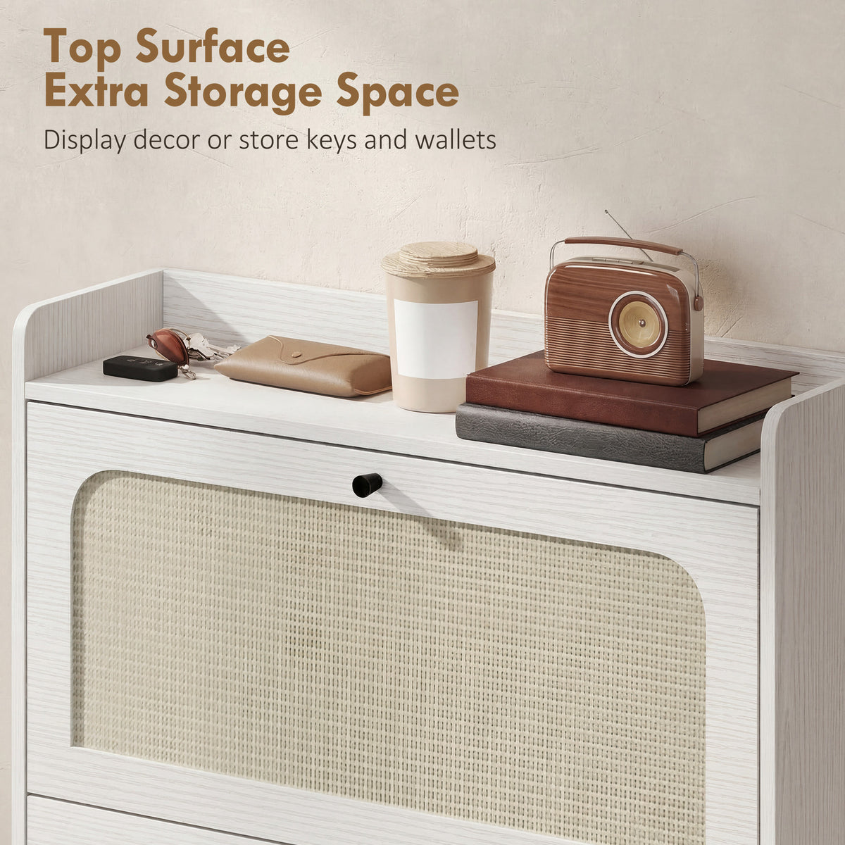 Boho Narrow Shoe Cabinet - 2 Flip Drawers, White Rattan-Home Furnishings > Storage & Organization > Shoe Storage Cabinets & Racks-DECOROLALA