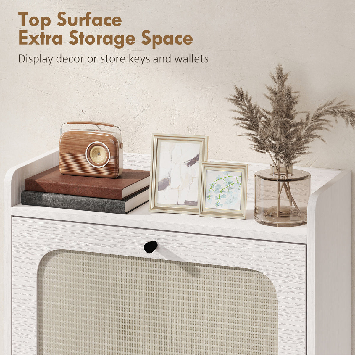 Boho Narrow Shoe Cabinet - 2 Flip Drawers White Rattan-Home Furnishings > Storage & Organization > Shoe Storage Cabinets & Racks-DECOROLALA