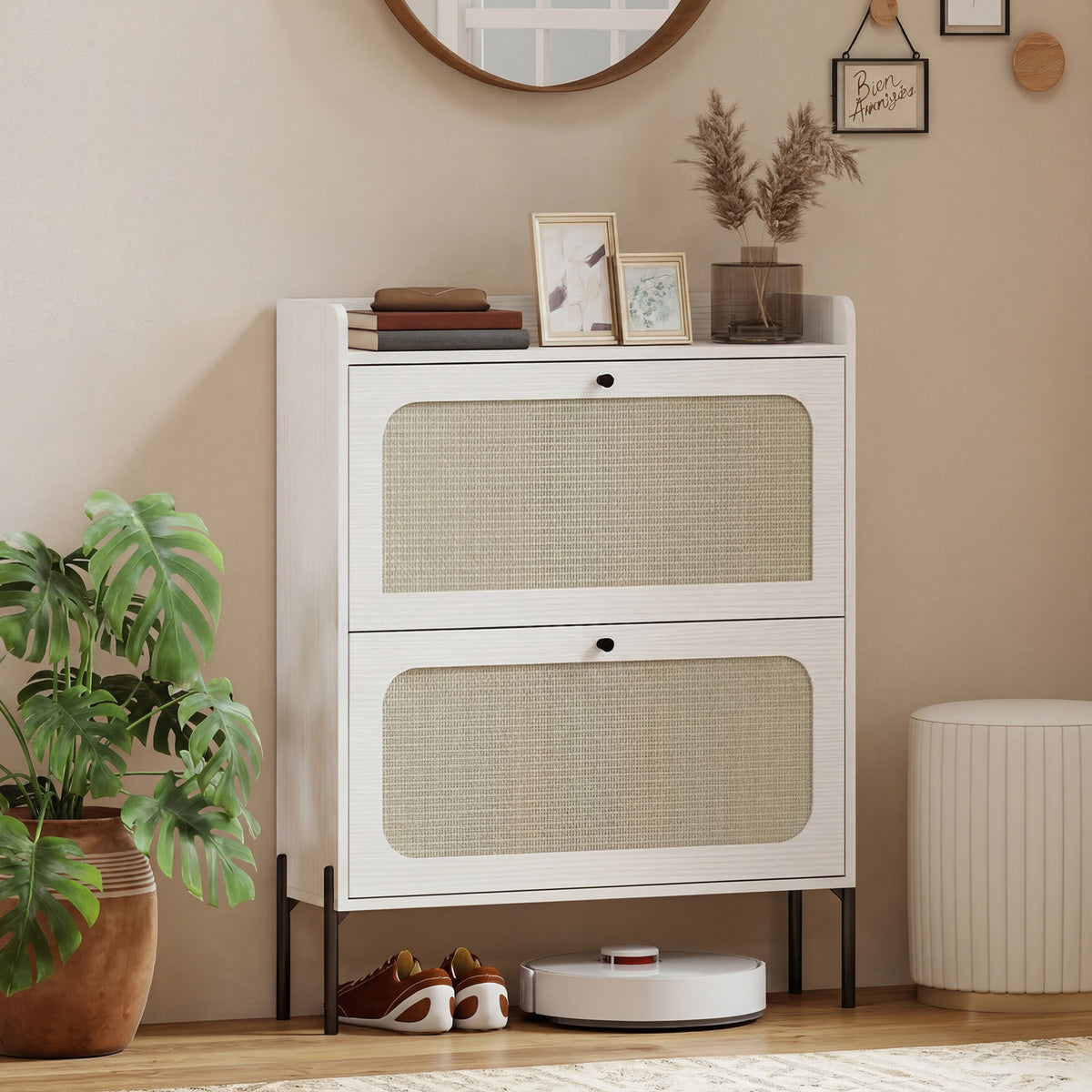 Boho Narrow Shoe Cabinet - 2 Flip Drawers, White Rattan-Home Furnishings > Storage & Organization > Shoe Storage Cabinets & Racks-DECOROLALA