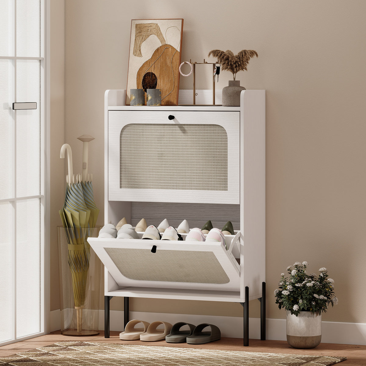 Boho Narrow Shoe Cabinet - 2 Flip Drawers White Rattan-Home Furnishings > Storage & Organization > Shoe Storage Cabinets & Racks-DECOROLALA