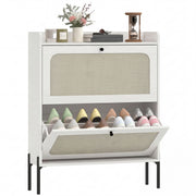 Boho Narrow Shoe Cabinet - 2 Flip Drawers, White Rattan-Home Furnishings > Storage & Organization > Shoe Storage Cabinets & Racks-DECOROLALA