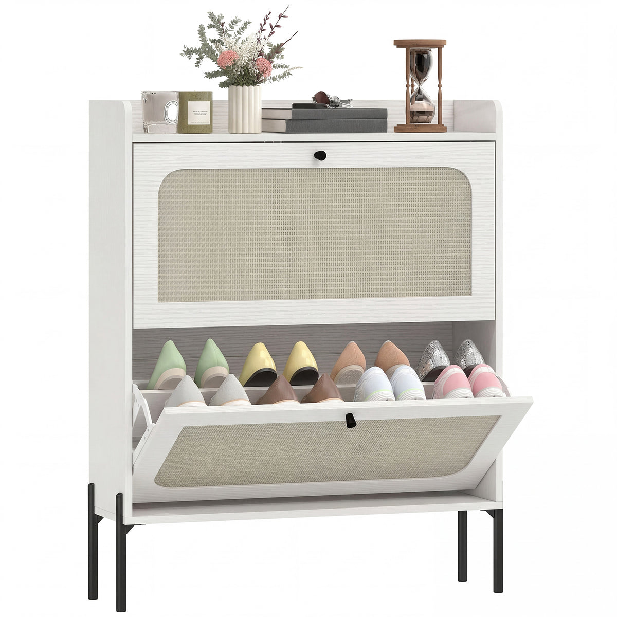 Boho Narrow Shoe Cabinet - 2 Flip Drawers, White Rattan-Home Furnishings > Storage & Organization > Shoe Storage Cabinets & Racks-DECOROLALA