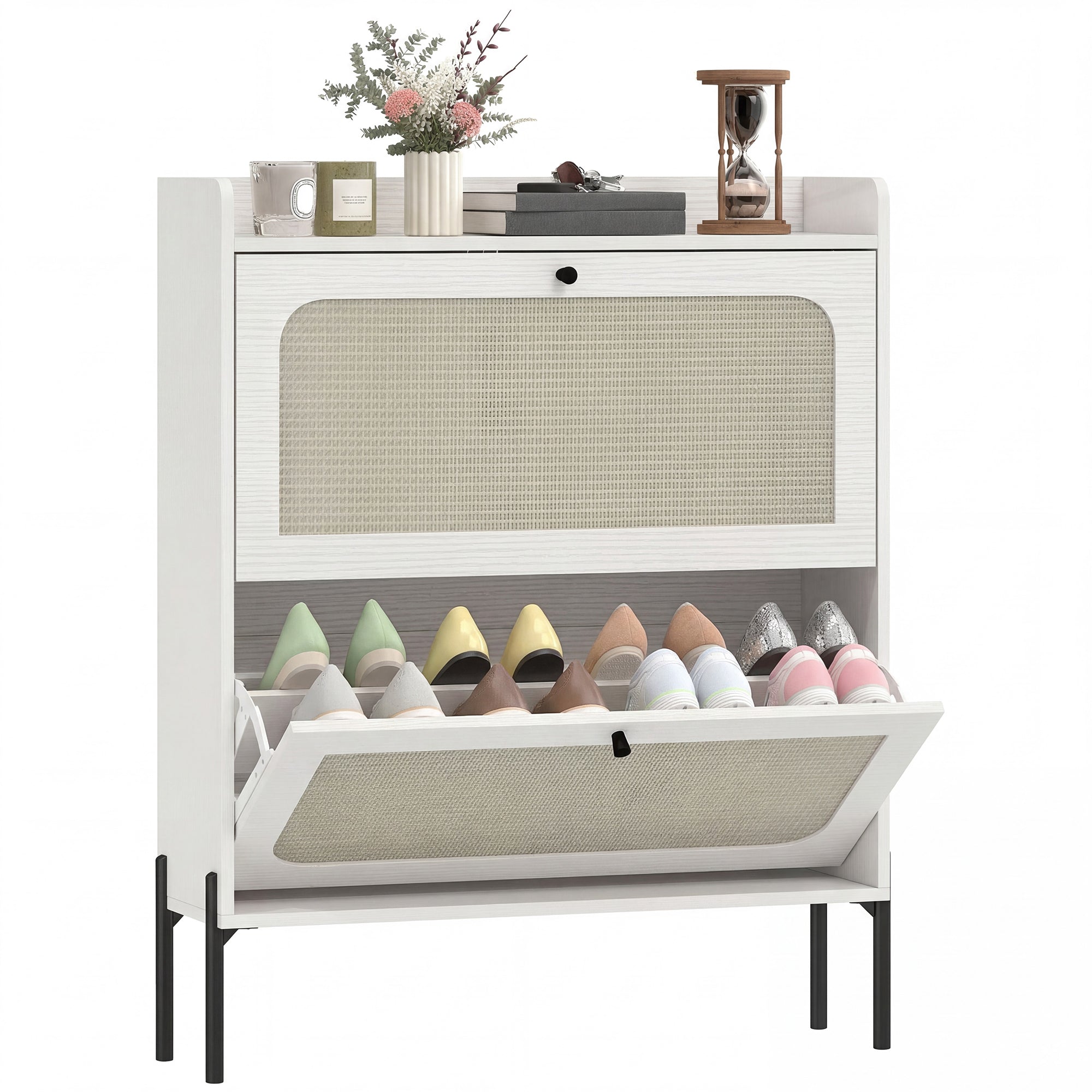 Boho Narrow Shoe Cabinet - 2 Flip Drawers, White Rattan-Home Furnishings > Storage & Organization > Shoe Storage Cabinets & Racks-DECOROLALA