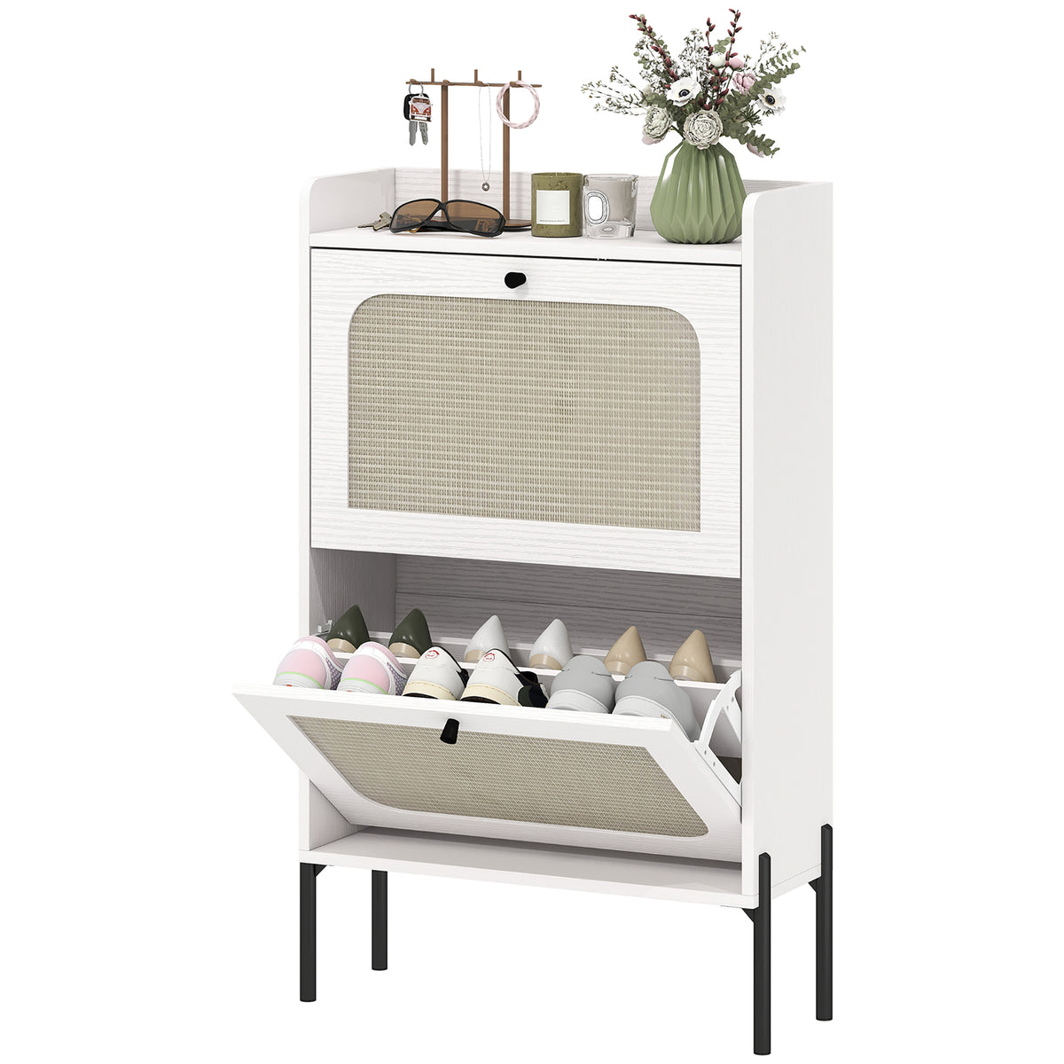 Boho Narrow Shoe Cabinet - 2 Flip Drawers White Rattan-Home Furnishings > Storage & Organization > Shoe Storage Cabinets & Racks-DECOROLALA