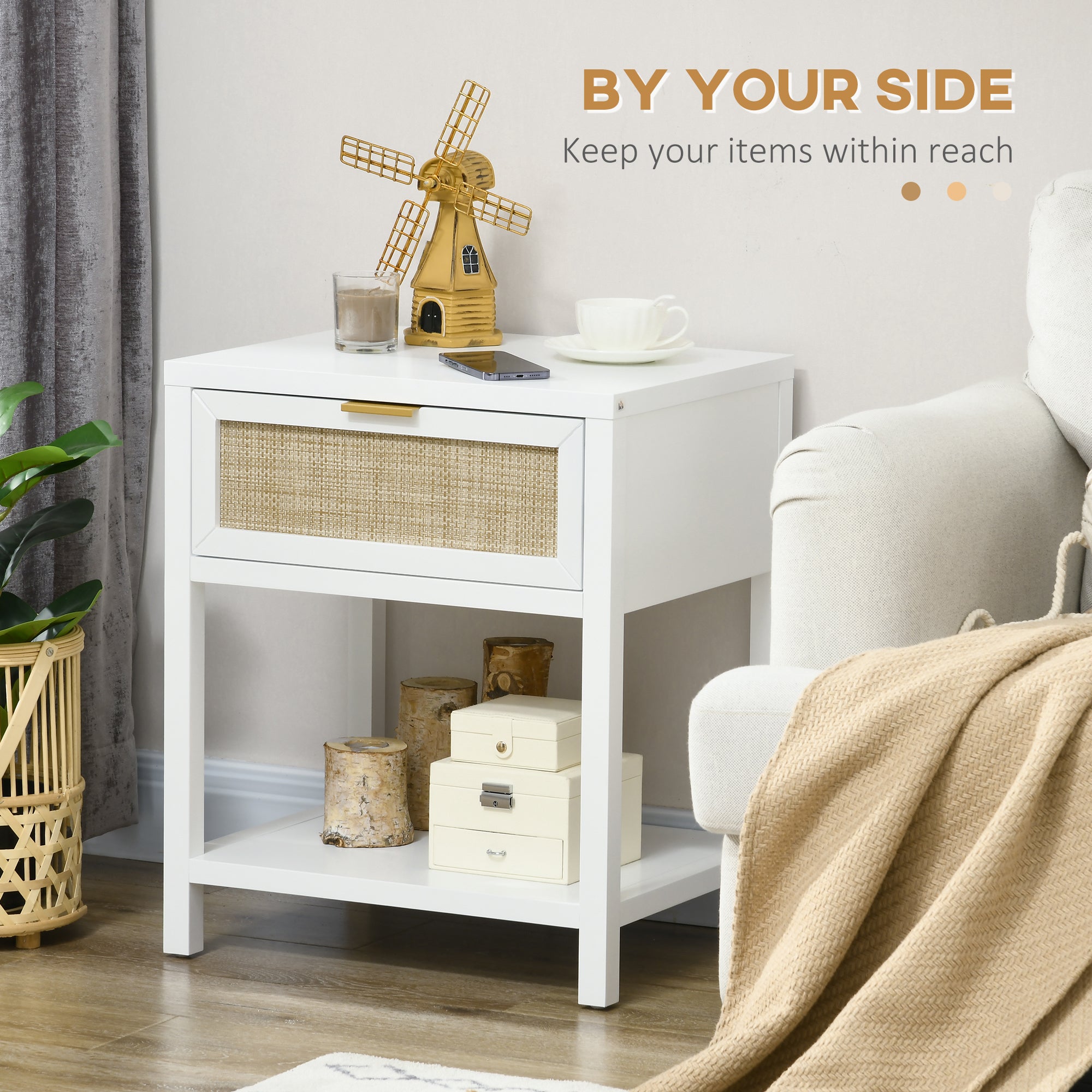 Boho Nightstand, Bedside Table with Rattan Drawer and Open Shelf, Side End Table for Bedroom, Living Room-Home Furnishings > Bedroom Furniture > Bedside Tables-DECOROLALA