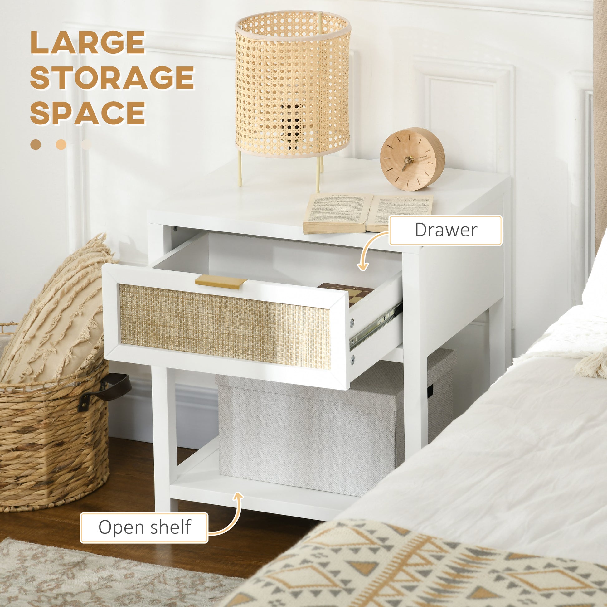 Boho Nightstand, Bedside Table with Rattan Drawer and Open Shelf, Side End Table for Bedroom, Living Room-Home Furnishings > Bedroom Furniture > Bedside Tables-DECOROLALA