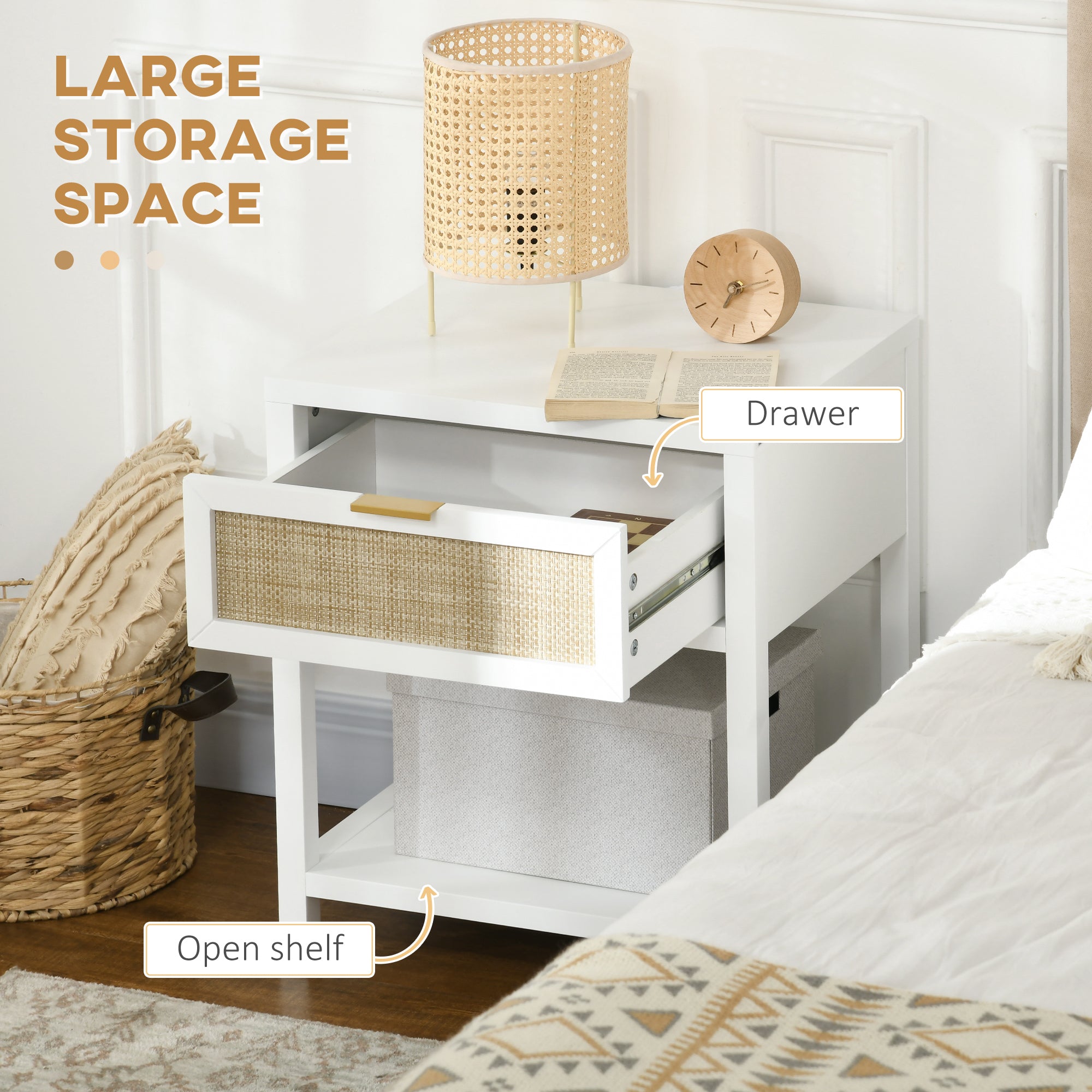 Boho Nightstand, Bedside Table with Rattan Drawer and Open Shelf, Side End Table for Bedroom, Living Room-Home Furnishings > Bedroom Furniture > Bedside Tables-DECOROLALA