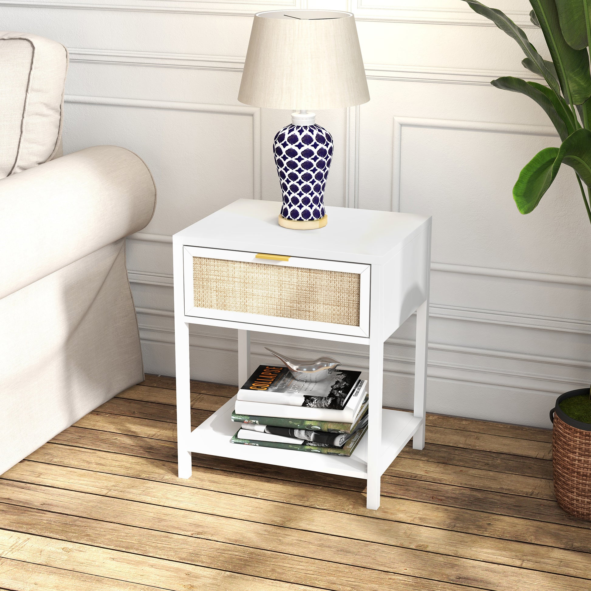 Boho Nightstand, Bedside Table with Rattan Drawer and Open Shelf, Side End Table for Bedroom, Living Room-Home Furnishings > Bedroom Furniture > Bedside Tables-DECOROLALA