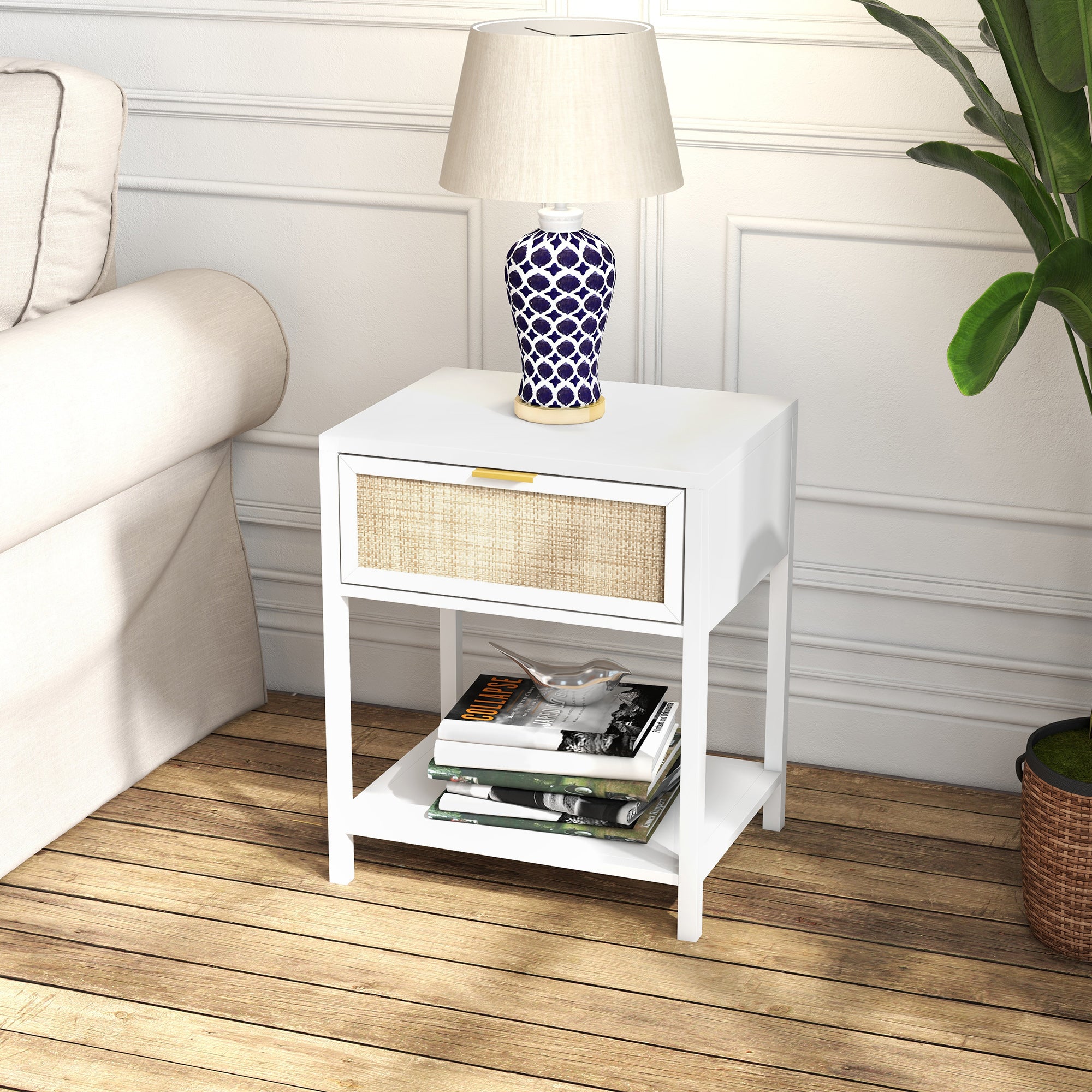 Boho Nightstand, Bedside Table with Rattan Drawer and Open Shelf, Side End Table for Bedroom, Living Room-Home Furnishings > Bedroom Furniture > Bedside Tables-DECOROLALA