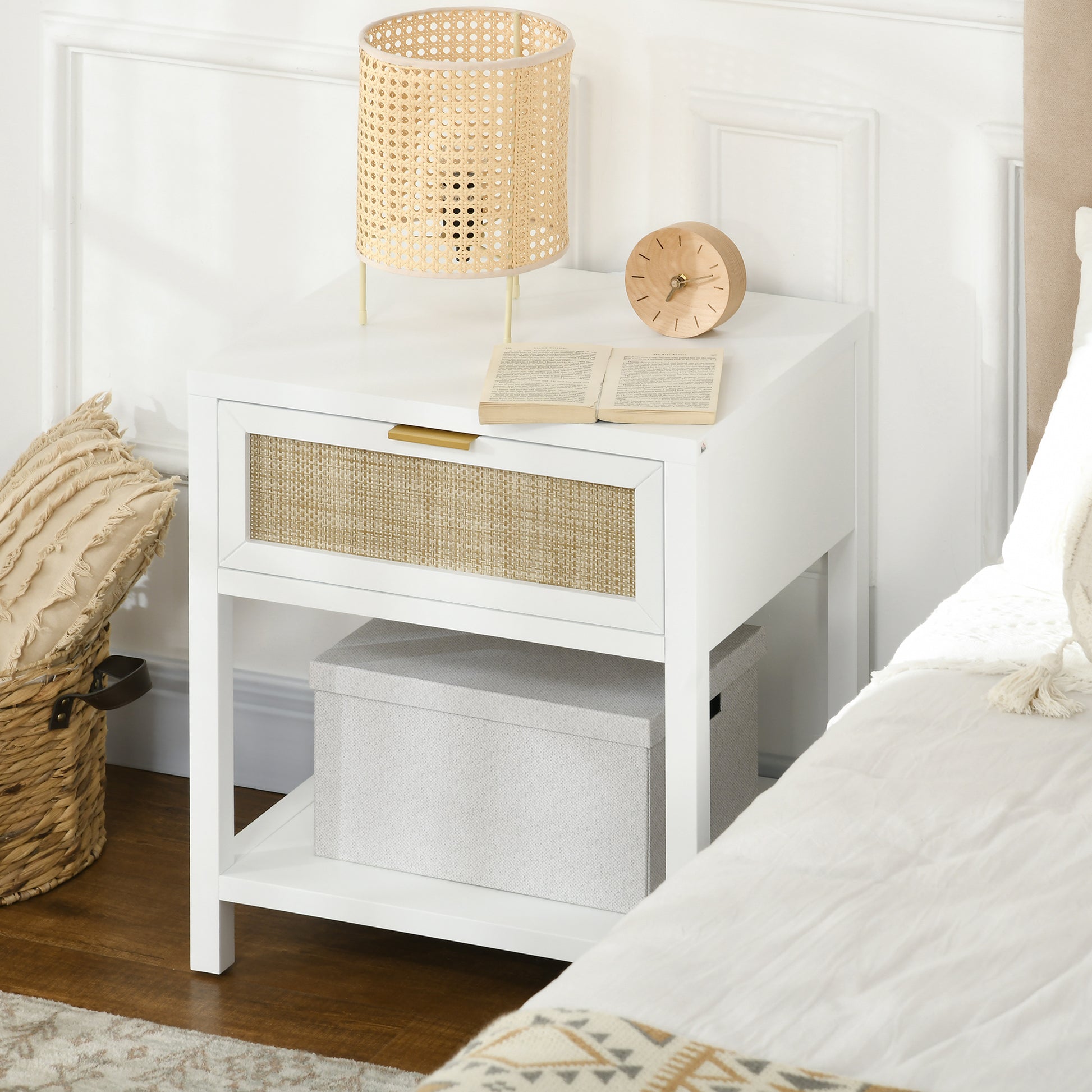 Boho Nightstand, Bedside Table with Rattan Drawer and Open Shelf, Side End Table for Bedroom, Living Room-Home Furnishings > Bedroom Furniture > Bedside Tables-DECOROLALA