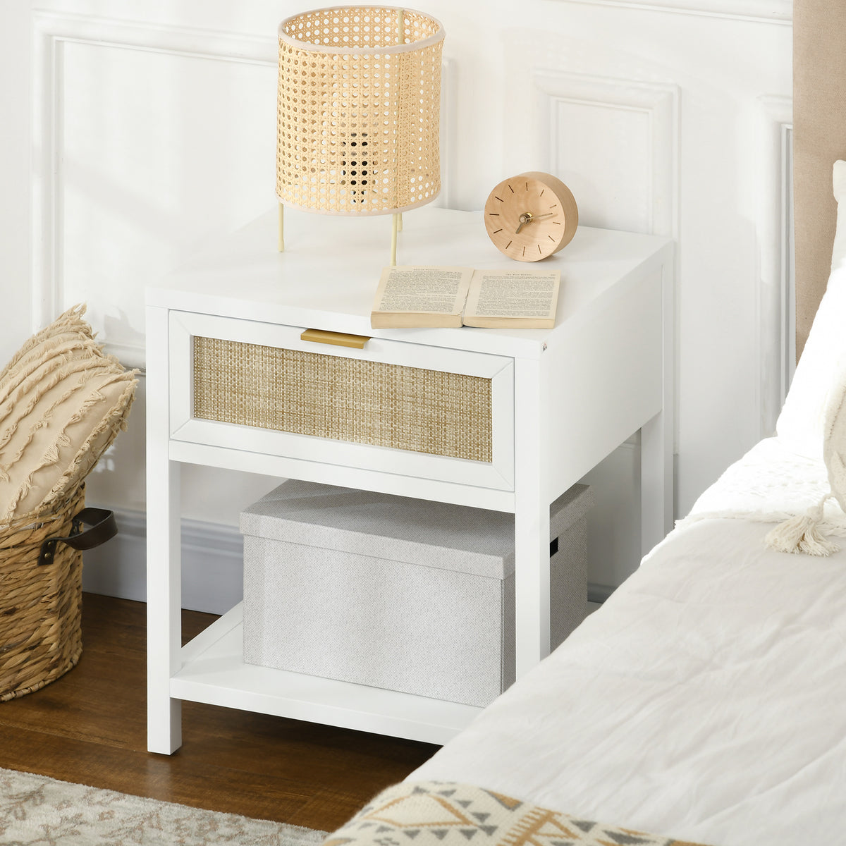 Boho Nightstand - White Rattan Bedside Table with Drawer-Home Furnishings > Bedroom Furniture > Bedside Tables-DECOROLALA
