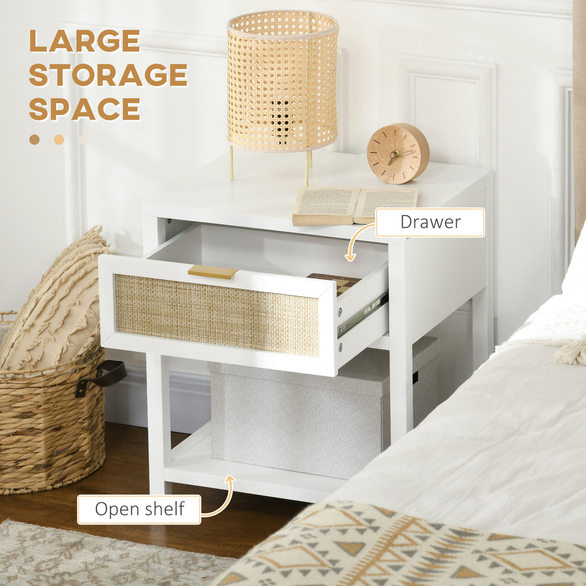 Boho Nightstand - White Rattan Bedside Table with Drawer-Nightstands-DECOROLALA