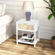 Boho Nightstand - White Rattan Bedside Table with Drawer-Nightstands-DECOROLALA