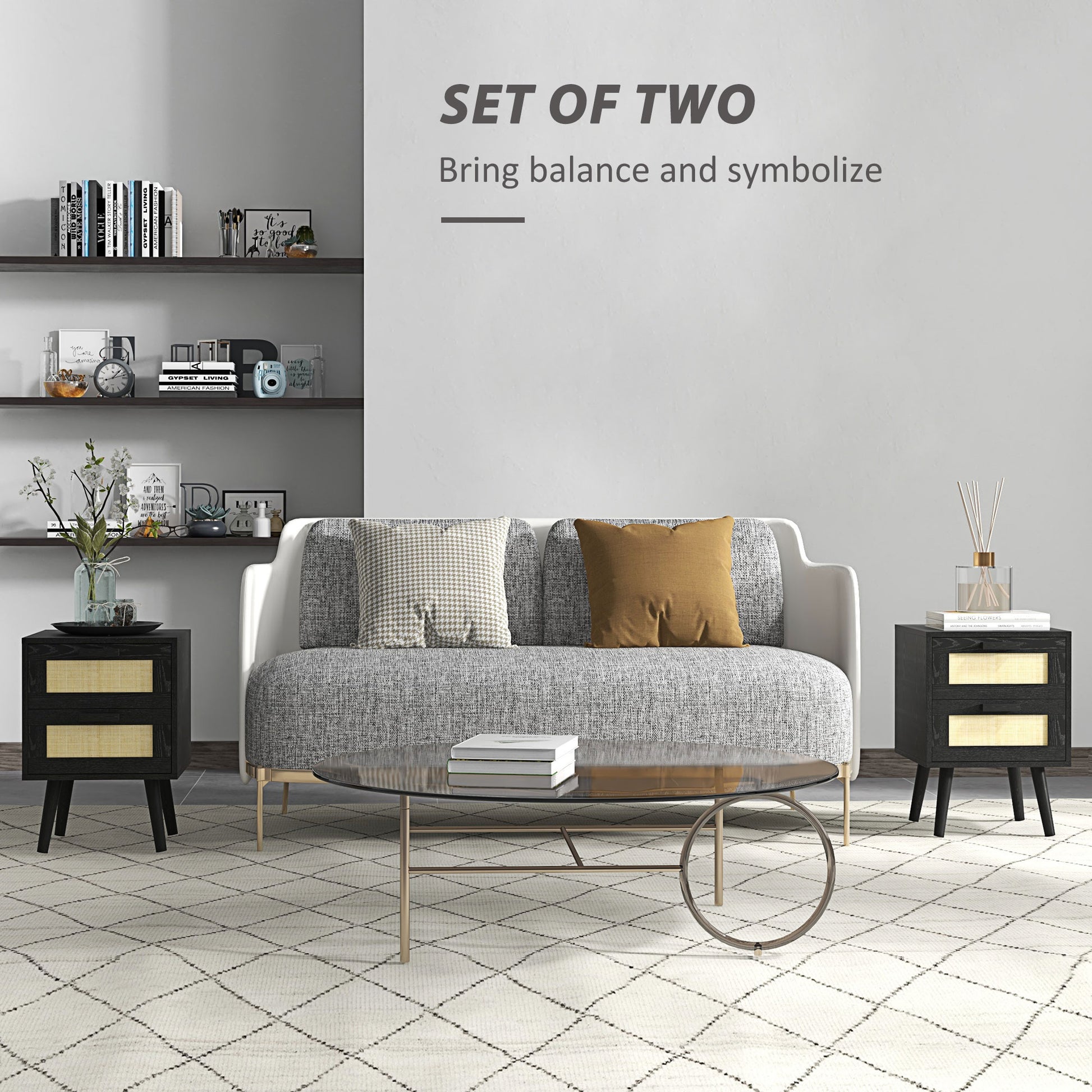 Boho Nightstands Set of 2, Bedside Tables with 2 Drawers for Living Room, Bedroom, Black-Home Furnishings > Bedroom Furniture > Bedside Tables-DECOROLALA