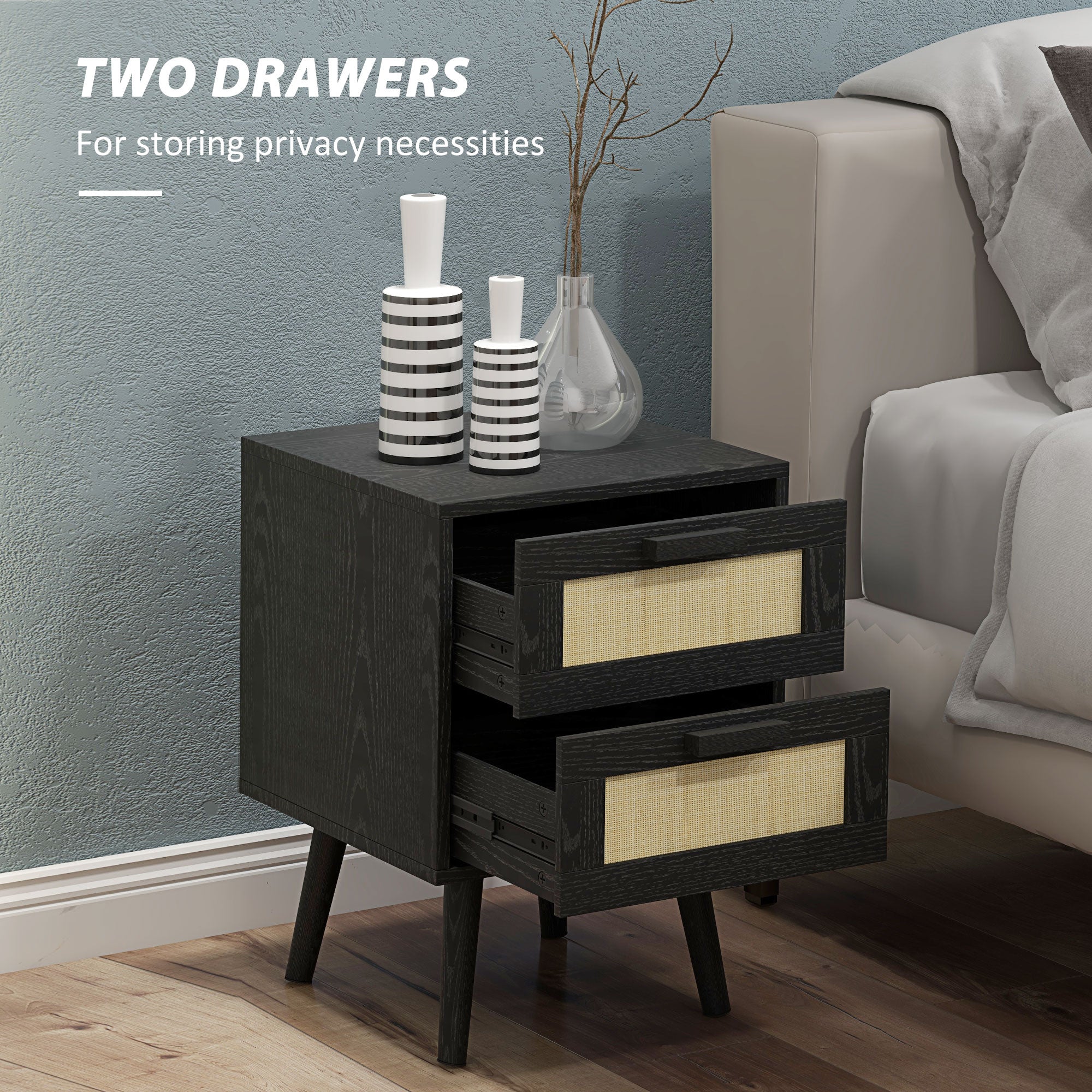 Boho Nightstands Set of 2, Bedside Tables with 2 Drawers for Living Room, Bedroom, Black-Home Furnishings > Bedroom Furniture > Bedside Tables-DECOROLALA
