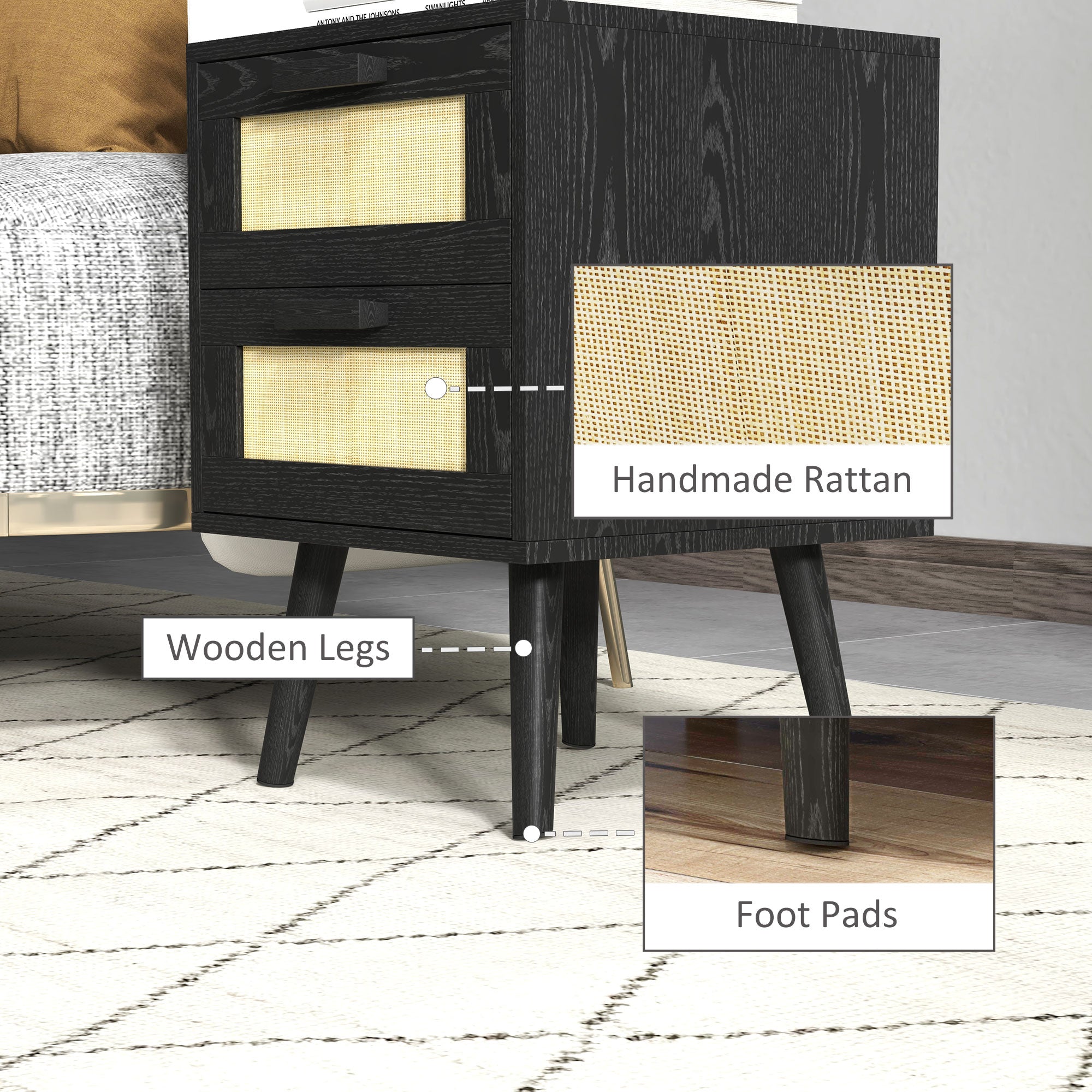 Boho Nightstands Set of 2, Bedside Tables with 2 Drawers for Living Room, Bedroom, Black-Home Furnishings > Bedroom Furniture > Bedside Tables-DECOROLALA