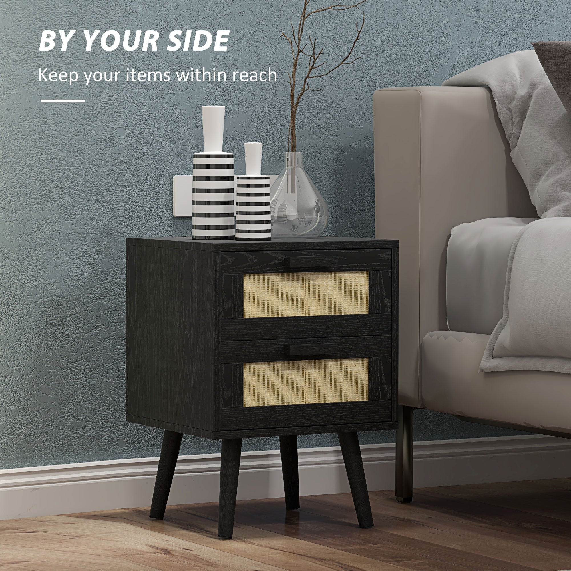 Boho Nightstands Set of 2, Bedside Tables with 2 Drawers for Living Room, Bedroom, Black-Home Furnishings > Bedroom Furniture > Bedside Tables-DECOROLALA