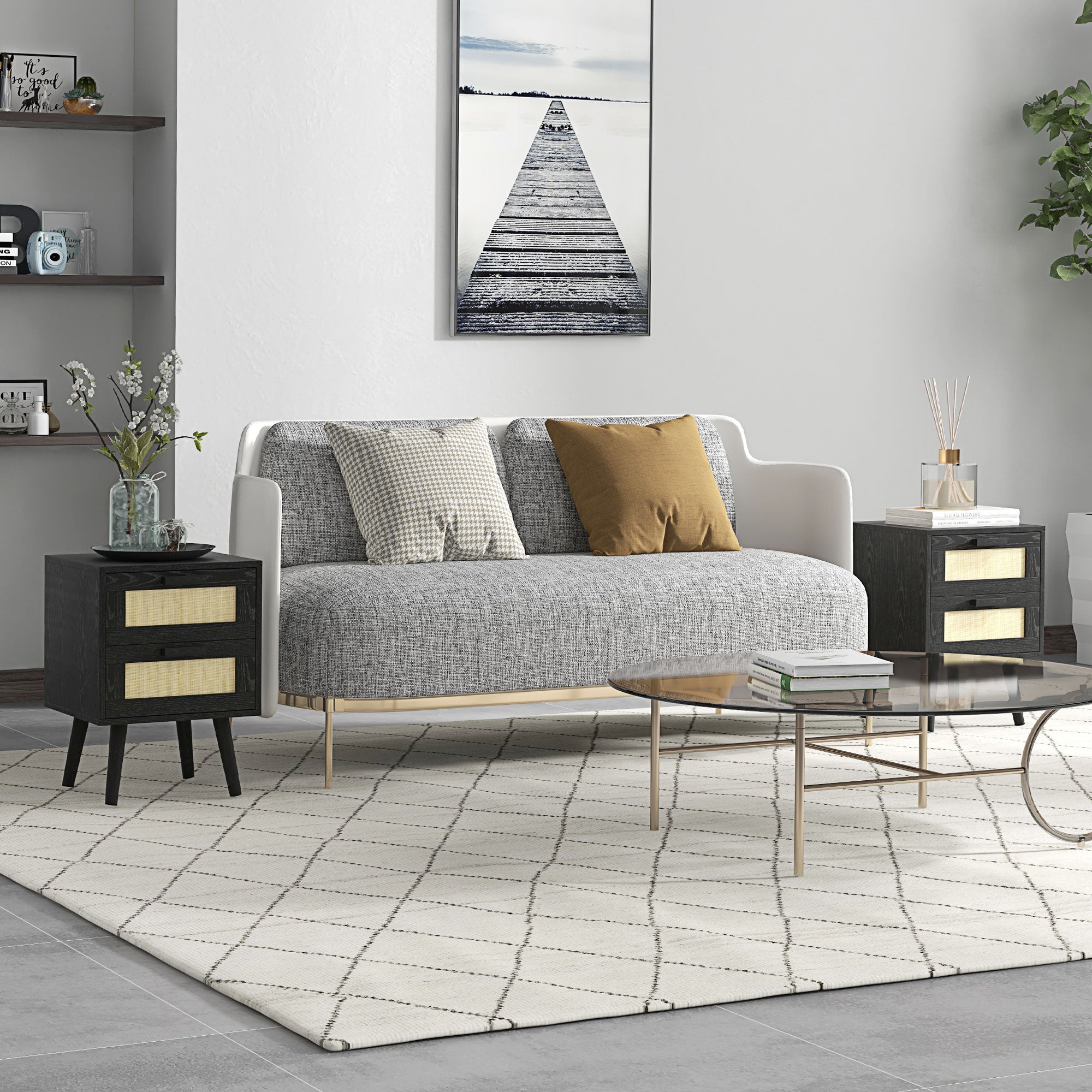 Boho Nightstands Set of 2, Bedside Tables with 2 Drawers for Living Room, Bedroom, Black-Home Furnishings > Bedroom Furniture > Bedside Tables-DECOROLALA