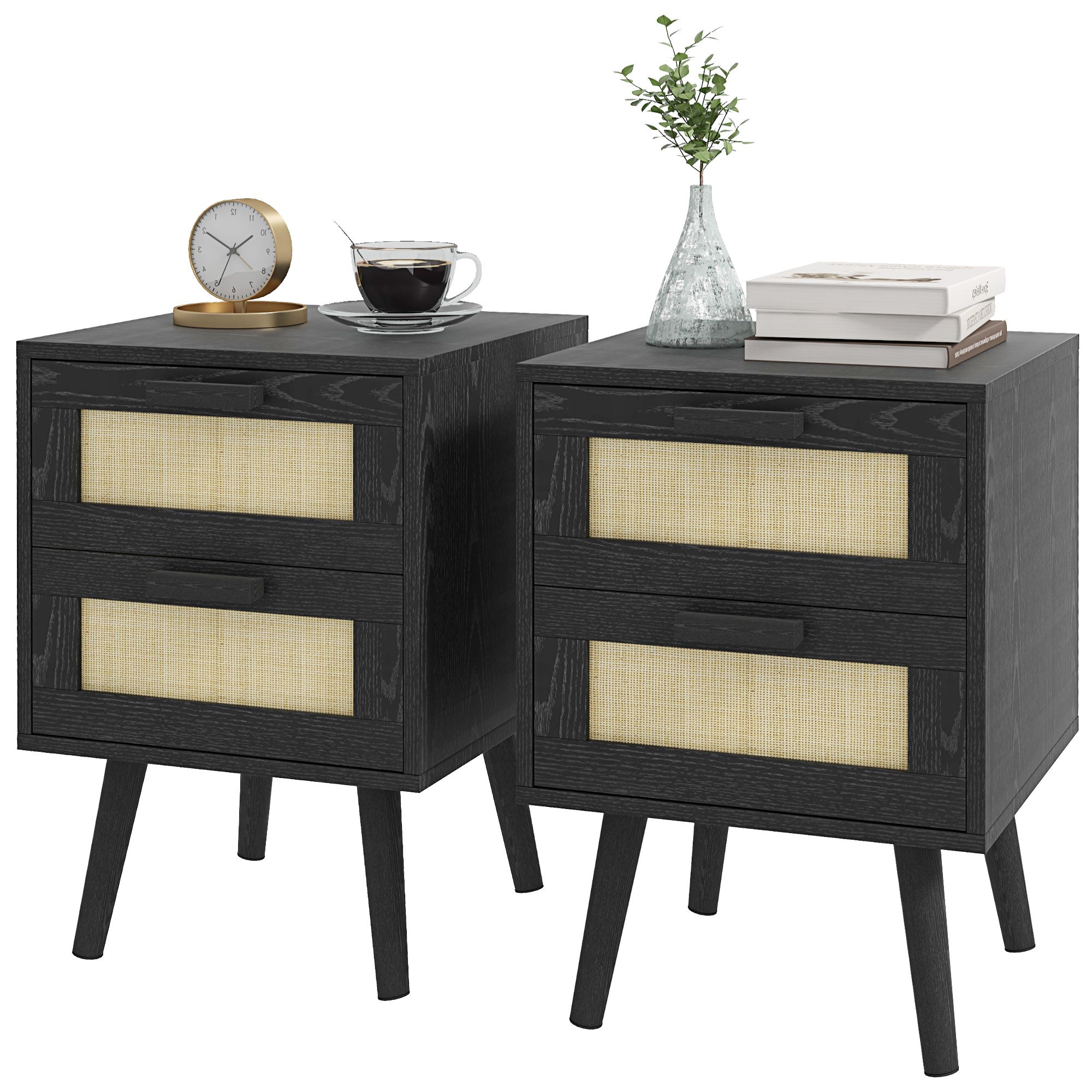 Boho Nightstands Set of 2 - Black Rattan 2-Drawer Tables-Home Furnishings > Bedroom Furniture > Bedside Tables-DECOROLALA