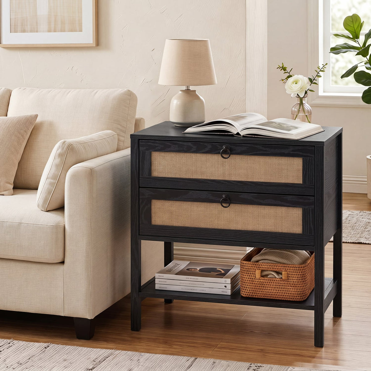 Boho Rattan Nightstand with 2 Drawers and Bottom Open Shelf-Black-Nightstands-DECOROLALA