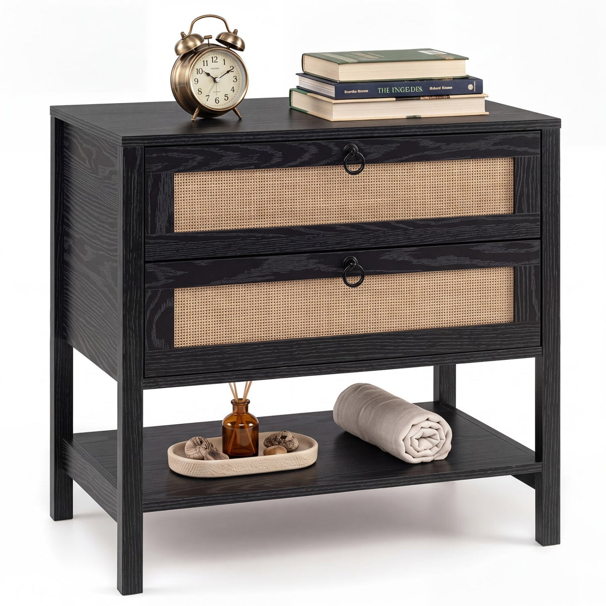 Boho Rattan Nightstand with 2 Drawers and Bottom Open Shelf-Black-Nightstands-DECOROLALA
