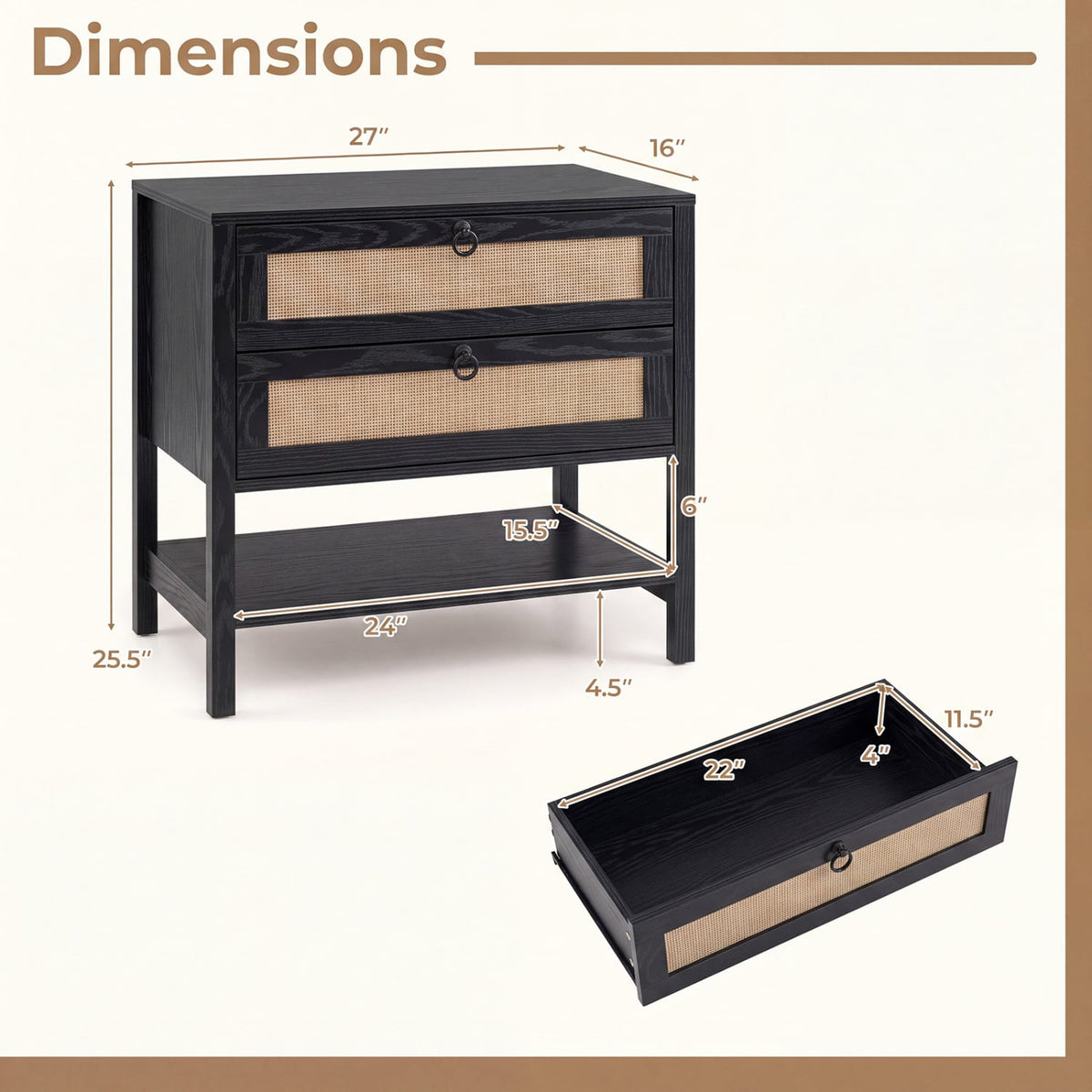 Boho Rattan Nightstand with 2 Drawers and Bottom Open Shelf-Black-Nightstands-DECOROLALA