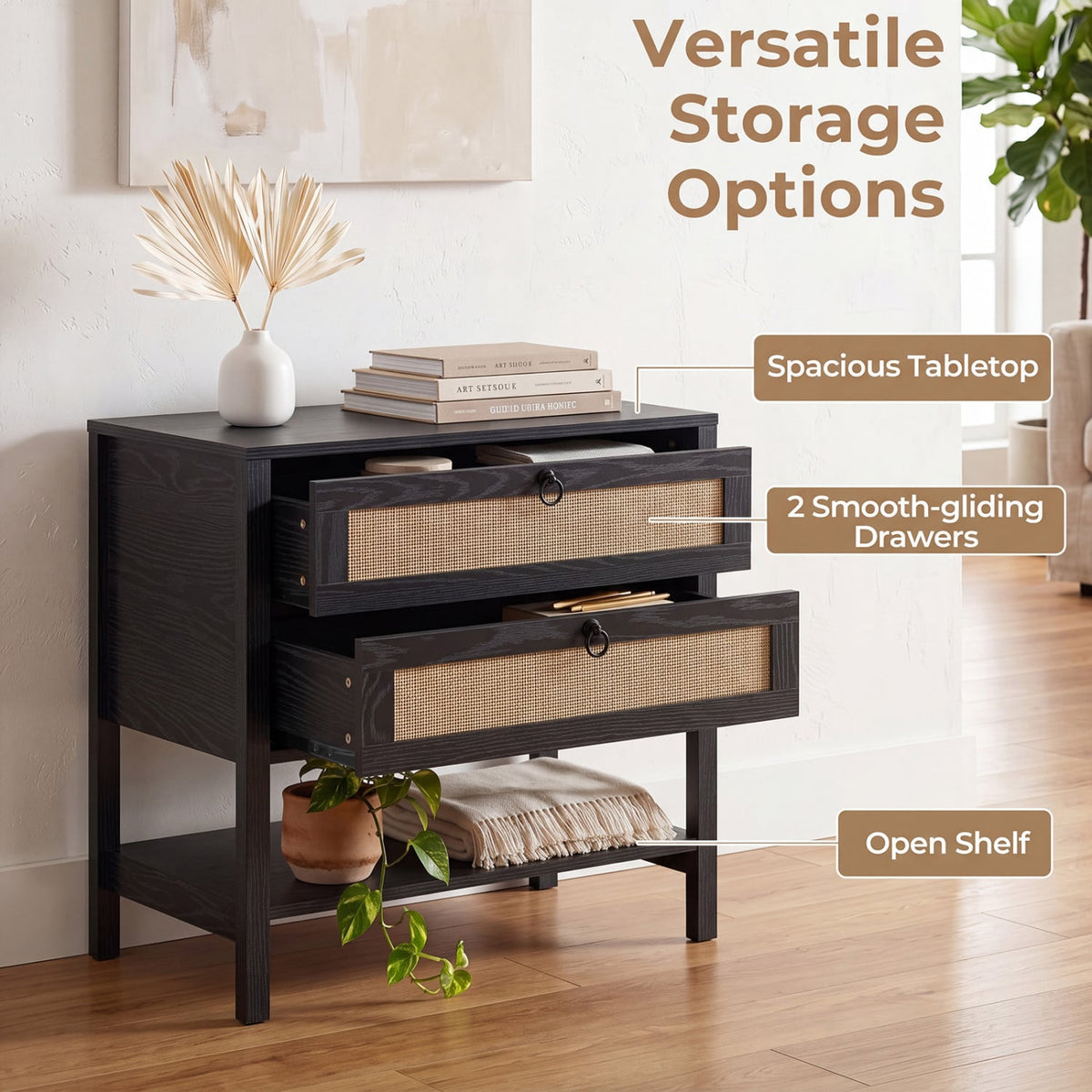 Boho Rattan Nightstand with 2 Drawers and Bottom Open Shelf-Black-Nightstands-DECOROLALA