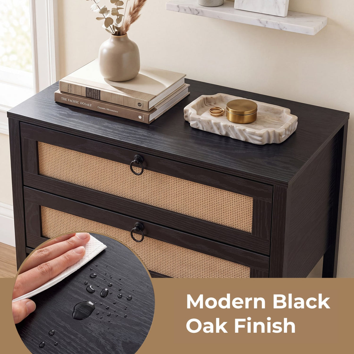Boho Rattan Nightstand with 2 Drawers and Bottom Open Shelf-Black-Nightstands-DECOROLALA