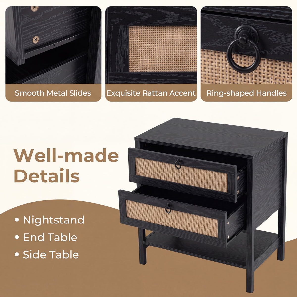 Boho Rattan Nightstand with 2 Drawers and Bottom Open Shelf-Black-Nightstands-DECOROLALA