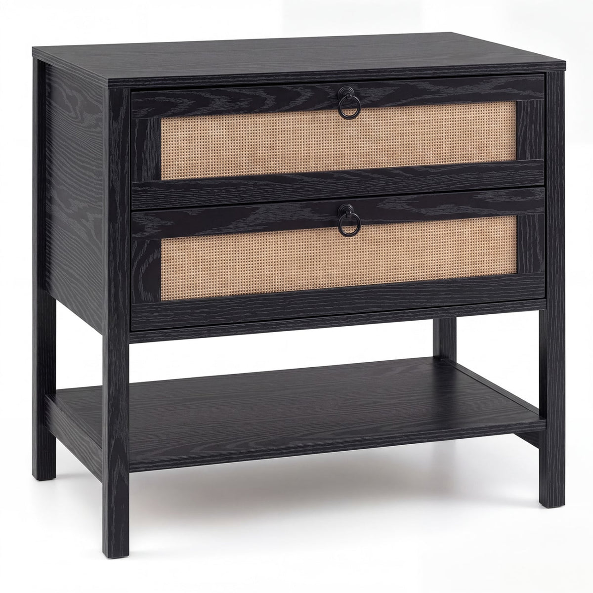 Boho Rattan Nightstand with 2 Drawers and Bottom Open Shelf-Black-Nightstands-DECOROLALA