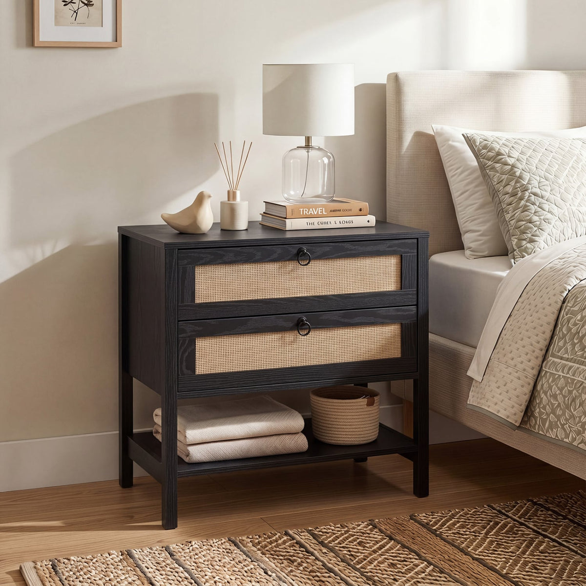 Boho Rattan Nightstand with 2 Drawers and Bottom Open Shelf-Black-Nightstands-DECOROLALA