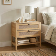 Boho Rattan Nightstand with 2 Drawers and Bottom Open Shelf-Natural-Nightstands-DECOROLALA