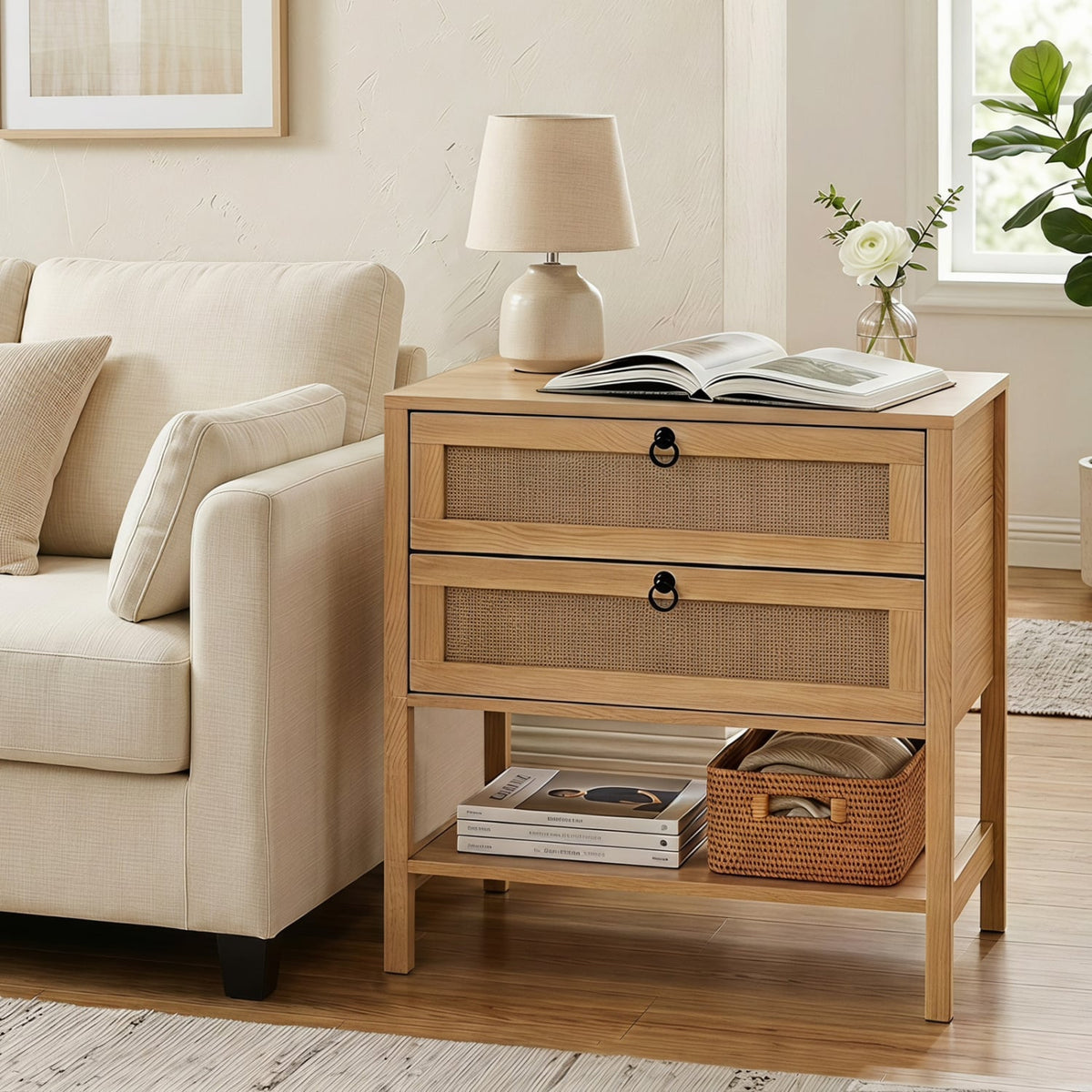Boho Rattan Nightstand with 2 Drawers and Bottom Open Shelf-Natural-Nightstands-DECOROLALA