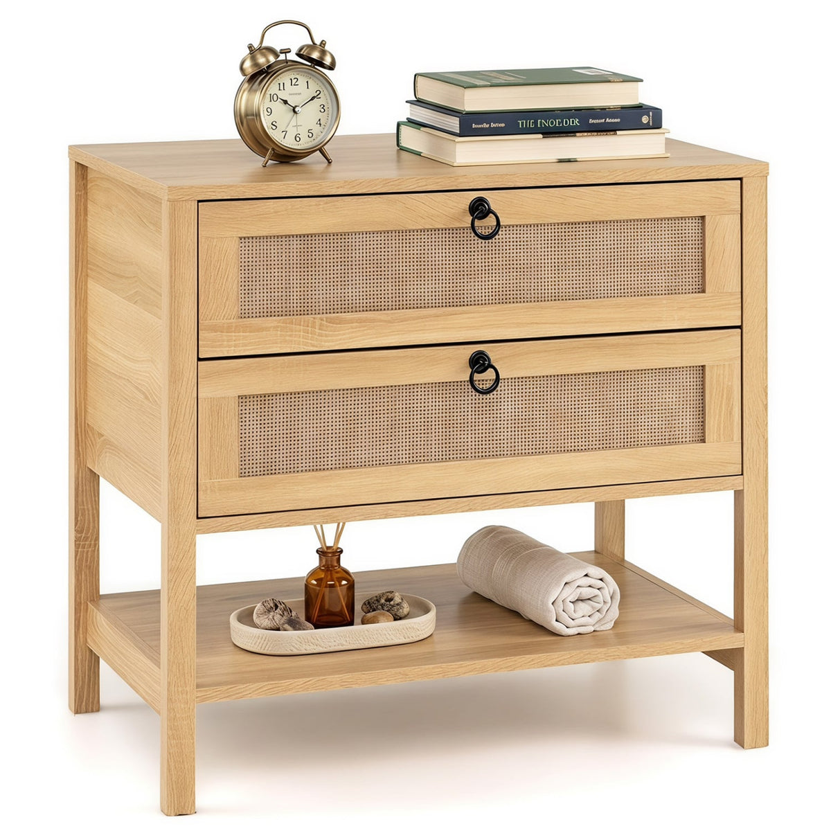 Boho Rattan Nightstand with 2 Drawers and Bottom Open Shelf-Natural-Nightstands-DECOROLALA