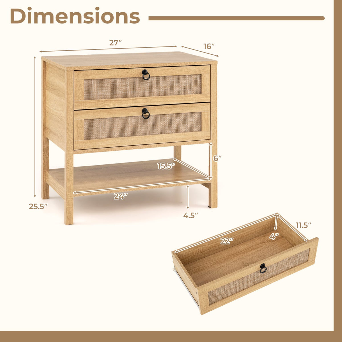 Boho Rattan Nightstand with 2 Drawers and Bottom Open Shelf-Natural-Nightstands-DECOROLALA