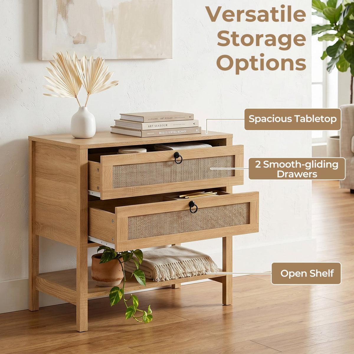 Boho Rattan Nightstand with 2 Drawers and Bottom Open Shelf-Natural-Nightstands-DECOROLALA