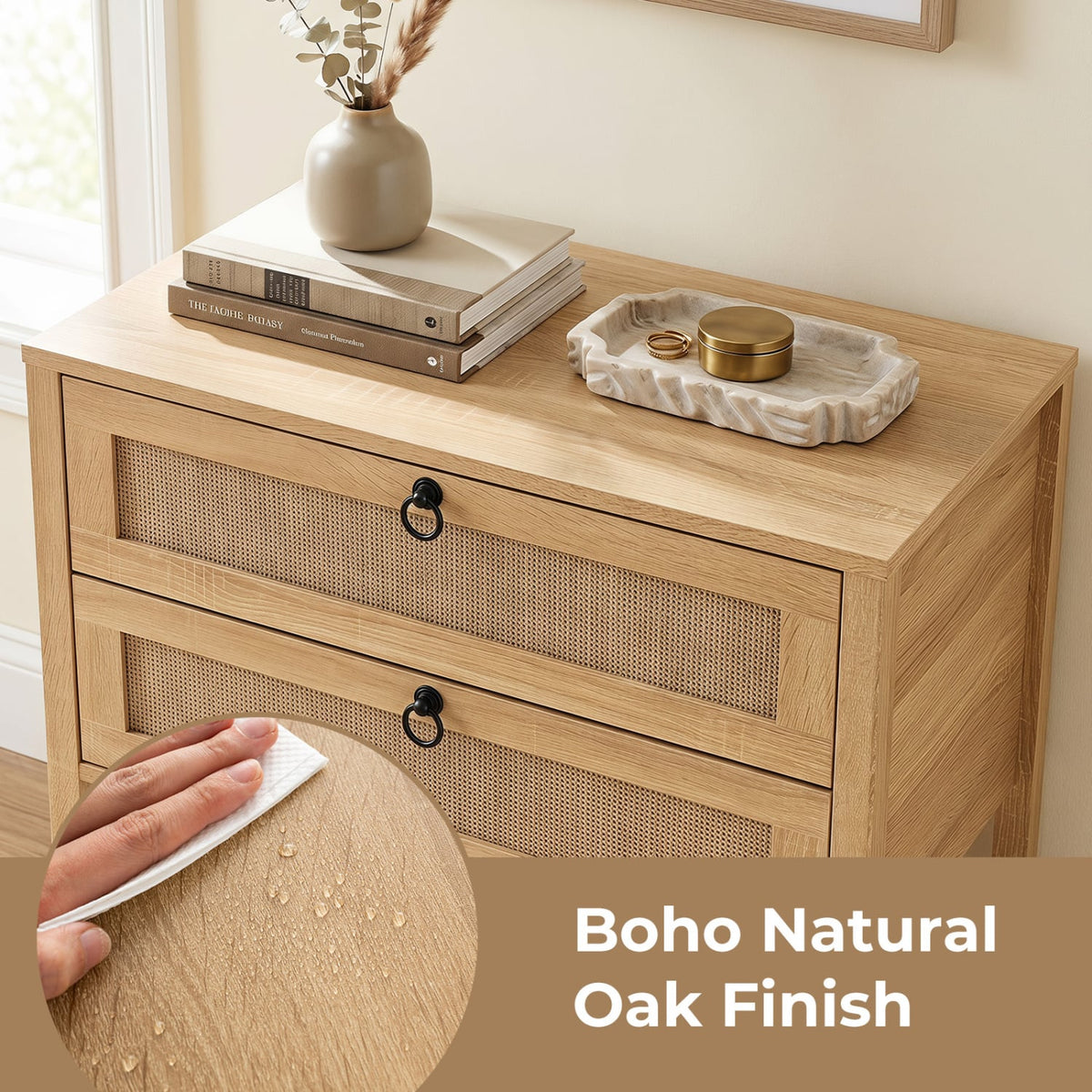 Boho Rattan Nightstand with 2 Drawers and Bottom Open Shelf-Natural-Nightstands-DECOROLALA