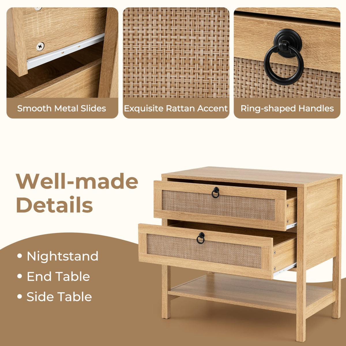Boho Rattan Nightstand with 2 Drawers and Bottom Open Shelf-Natural-Nightstands-DECOROLALA