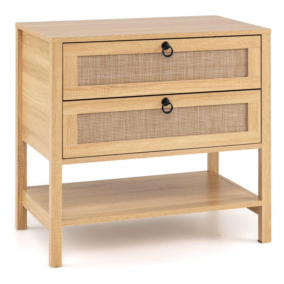 Boho Rattan Nightstand with 2 Drawers and Bottom Open Shelf-Natural-Nightstands-DECOROLALA