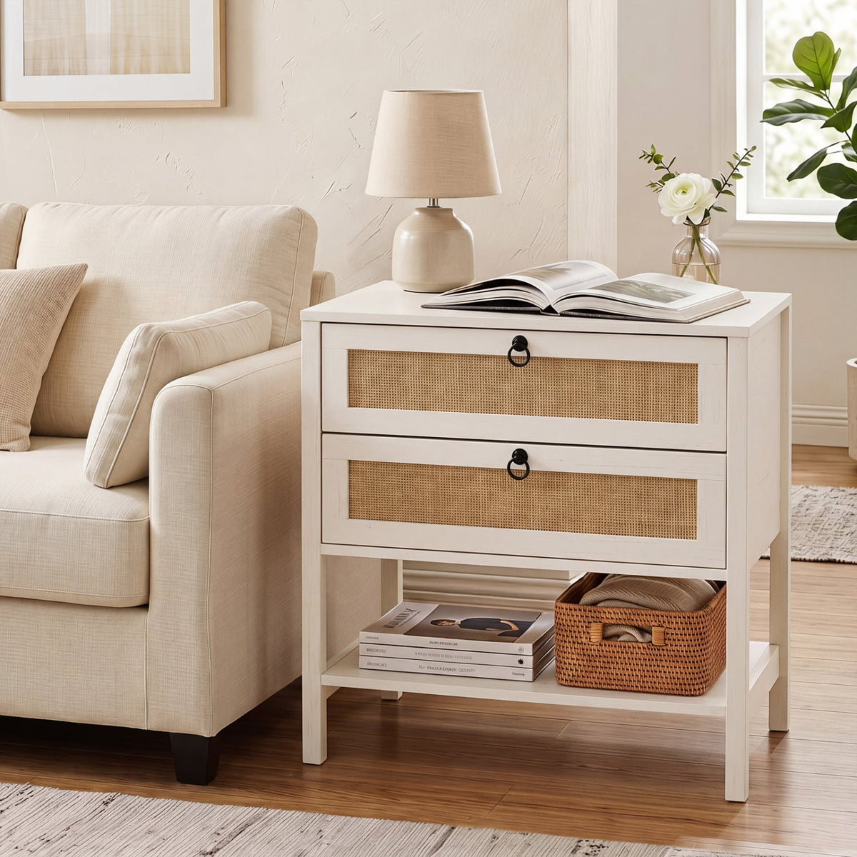 Boho Rattan Nightstand with 2 Drawers and Bottom Open Shelf-White-Nightstands-DECOROLALA