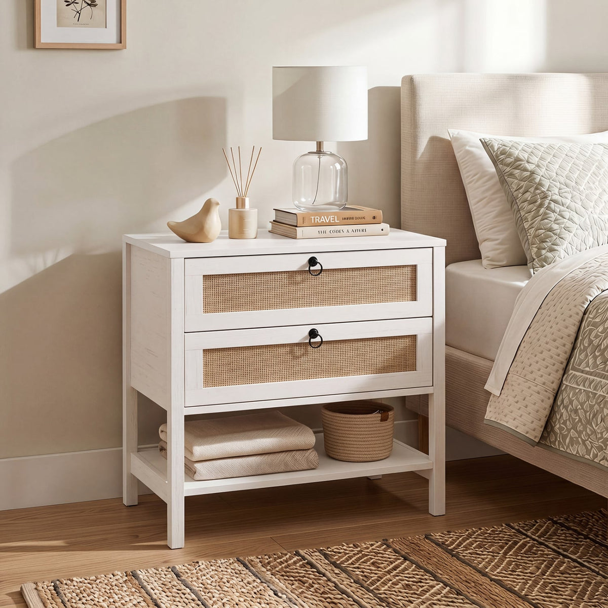 Boho Rattan Nightstand with 2 Drawers and Bottom Open Shelf-White-Nightstands-DECOROLALA